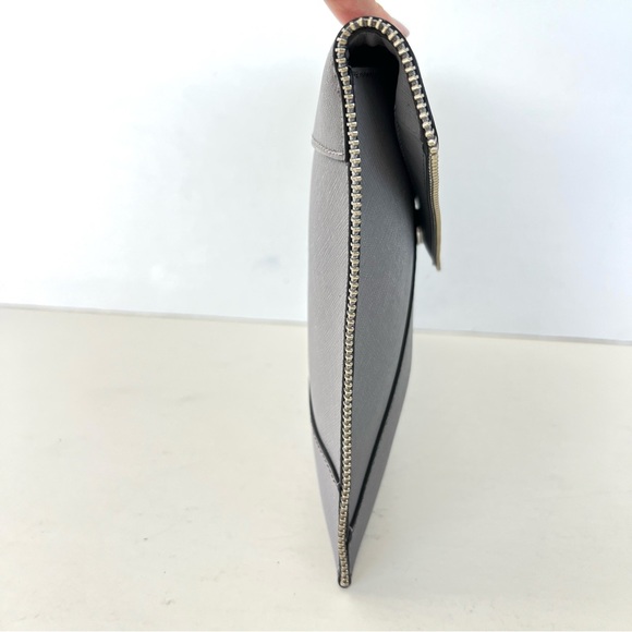 REBECCA MINKOFF Leo Gray Safiano Structure Leather Zipper Accent Envelope Clutch - Picture 6 of 16